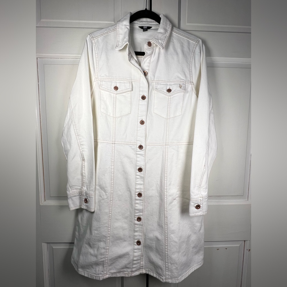 NWOT Frye Off White Button-Up Denim Dress Side Pockets Copper Button Size Large - Picture 3 of 10